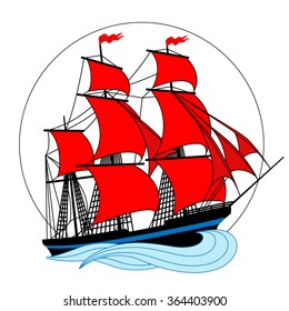 Sailing ship with white sails in a circle. Vector illustration