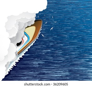 Sailing ship and white smoke(vector, CMYK)