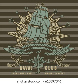 Sailing ship wind star emblem
