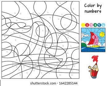 Sailing ship yacht sails in the sea. Color by numbers. Coloring book. Educational puzzle game for children. Cartoon vector illustration
