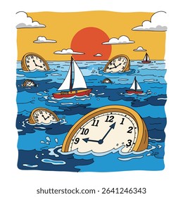 Sailing ships and clocks float on a wavy sea at sunset.  A surreal scene.