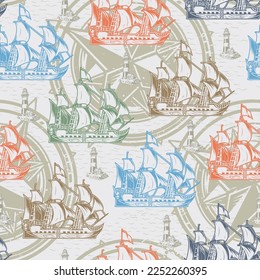 Sailing ships colorful pattern seamless medieval wooden sea vessels conquering ocean and lighthouses with compasses vector illustration