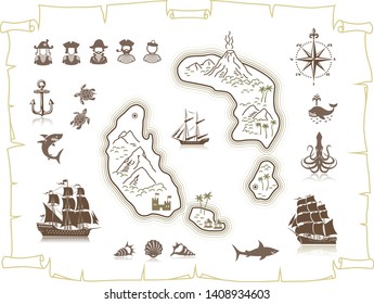 Sailing Ships and Fishes Silhouettes and Marine Symbols Set with Isle Old Map