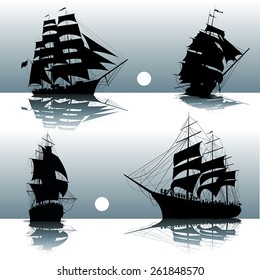 Sailing ships on the sea isolated. Vector illustration