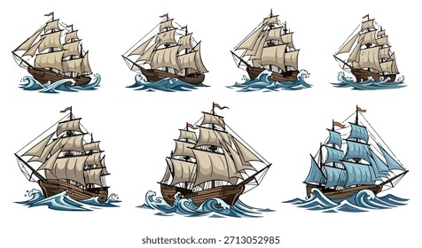 Los barcos de vela en las olas fijan el tema marítimo náutico
