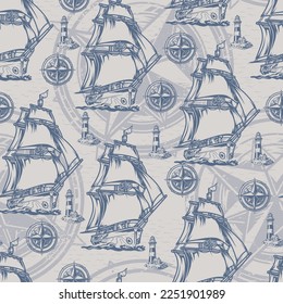 Sailing ships pattern seamless monochrome medieval sailors traveling in search unknown islands in ocean and lighthouses with compasses vector illustration