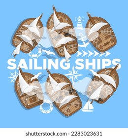 Sailing ships at sea. Set of elements. On a blue background. Vector illustration.