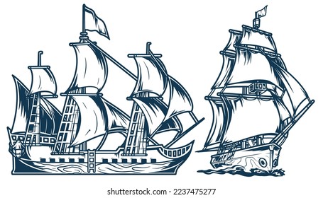 Sailing ships set monochrome logotypes trading or pirate vessels from Middle Ages sailing on ocean vector illustration