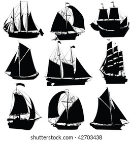 Sailing ships silhouettes collection, isolated objects on white background