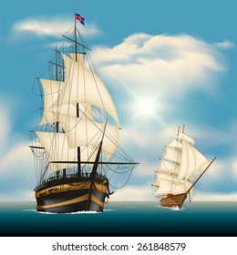 Sailing ships in vast sea. Vector illustration