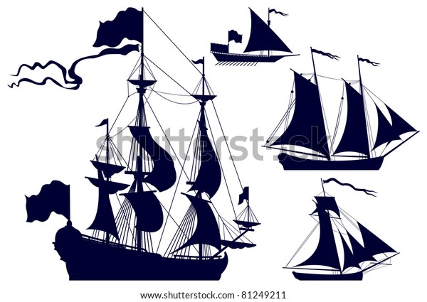 Sailing Ships Vector Silhouettes Frigate Galley Stock Vector (Royalty ...