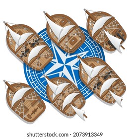 Sailing ships. View from above. Vector illustration.