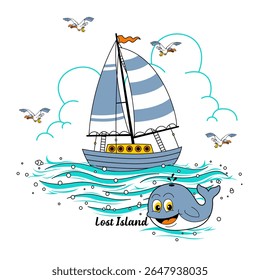 sailing ships and whales at sea
, Animal Cartoon, Flat Vector Illustration