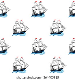 Sailing ships with white sails and red flags. Vector seamless pattern