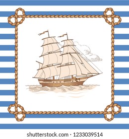 Sailing shop in rope frame on striped background. Vintage style illustration for marine design and decoration