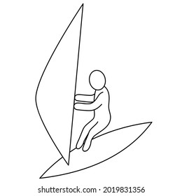 Segeln. Skizze. Vektorsymbol. Der Athlet segelt auf einer Yacht. Einziger weißer Hintergrund. Farbbuch für Kinder. Doodle-Stil. Idee für Webdesign.