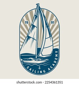 Sailing sport logotype vintage colorful for academy sailors and lovers of boating competitions on high seas or ocean vector illustration