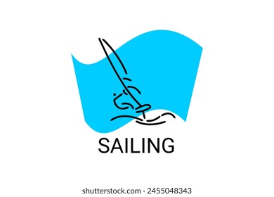sailing sport vector line icon. Athlete is sailing on a ship in the sea sport pictogram, vector illustration.