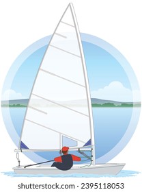 sailing, standard dinghy sailboat with water and sky background in a circle