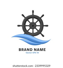 Sailing steering wheel icon with blue wave, modern logo design, 3d render style