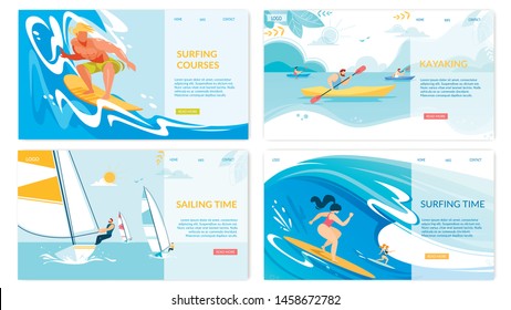 Sailing, Surfing, Kayaking Water Sport Activities Horizontal Banners Set, Summer Time Water Competition, Outdoors Sports Recreation, Active Lifestyle, Extreme Sport Cartoon Flat Vector Illustration