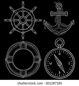 Sailing symbols - steering wheel, anchor, lifebuoy, compass. Hand drawn sketch. Vector illustration on black background