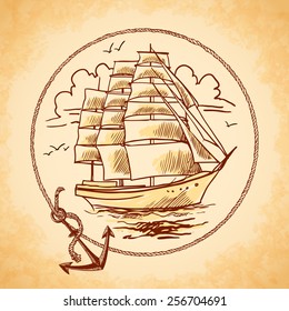 Sailing tall ship old wooden metal vessel nautical emblem with rope frame and anchor vector illustration