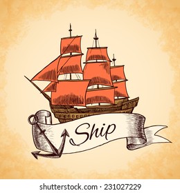 Sailing tall ship wooden vintage clipper with red sails nautical emblem with ribbon and rope vector illustration