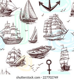 Sailing tall ships frigates brigantine clipper yachts and boat sketch seamless pattern vector illustration