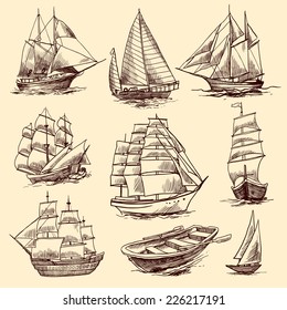 Sailing tall ships yachts and boat sketch decorative elements isolated vector illustration