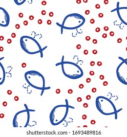 Sailing Texture. Seamless chaotic vector pattern with hand drawn abstract fish. Navy vector seamless pattern: anchor and steering wheel.