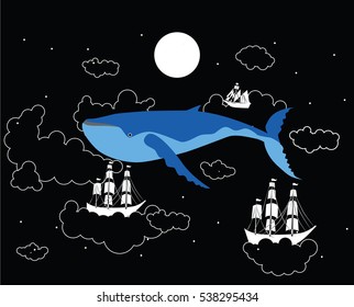 Sailing through the sky. Whale and ships. Night time.