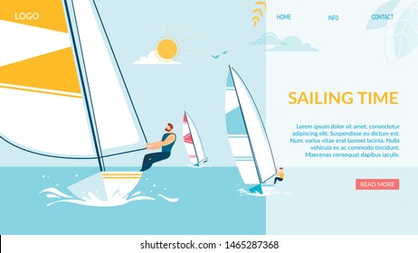 Sailing Time Horizontal Banner, Team Struggle Regatta Ship, Summer Time Water Competition, Sports Activity, Recreation Outdoors Lifestyle, Extreme Sport, Windsurfing Cartoon Flat Vector Illustration