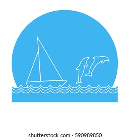 Sailing trip with dolphines illustration.