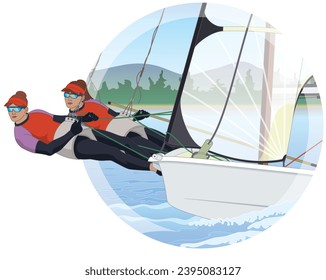 sailing, two female crew leaning out in a dinghy sailboat with water and sky background in circle