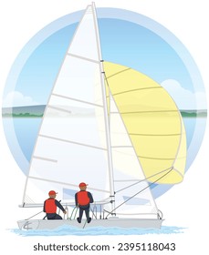 sailing two male crew leaning out in a dinghy sailboat with water and sky background in a circle