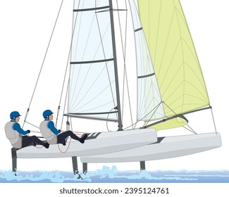 sailing two male crew leaning out in a multihull catamaran sailboat isolated on a white background