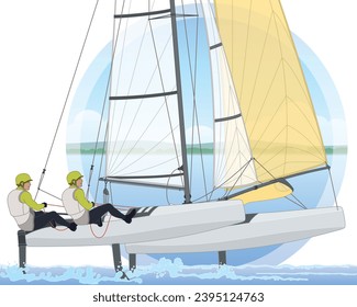 sailing two male crew leaning out in a multihull catamaran sailboat with water and sky background in circle