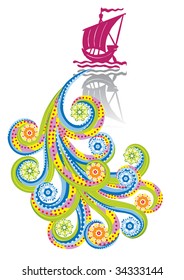 Sailing vessel in abstract collage. Format A4. Vector illustration. Isolated groups and layers. Global colors.