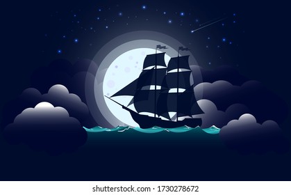 Vela. Un buque de guerra o galeón flota en el viento. Contra el fondo de las estrellas y la luna llena. Ilustración vectorial.