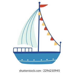 Sailing vessel. Cartoon boat. Sea mode of transport. Children's illustration for design of children's rooms, clothing, textiles. Vector hand draw illustration isolated on the white background. 