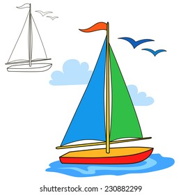 Sailing vessel. Coloring book page. Cartoon vector illustration.