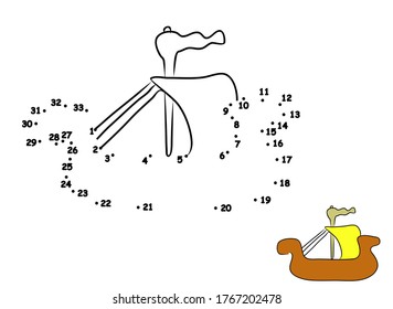 Sailing vessel. Dot to dot game education. Hand draw cute illustration, coloring vector image