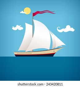 Sailing vessel with a flag in the  blue ocean in a sunny day, vector illustration