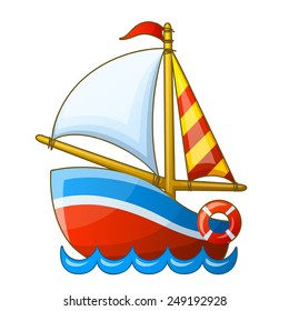 Sailing vessel isolated on white background. Cartoon vector illustration.