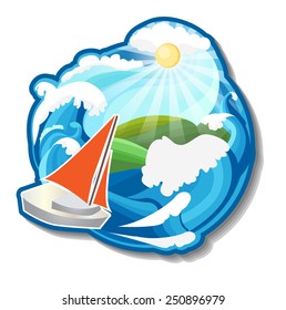 Sailing vessel on background with shiny sun,wave,and land.