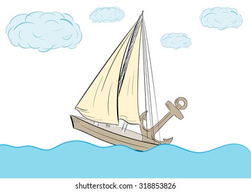 The sailing vessel on the sea and a heavy anchor