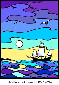 Sailing vessel in the sea  view. Sunset. Yellow, blue and violet background.  Stained glass window. It Can be used for flayers, banners, posters. Vector illustration. 