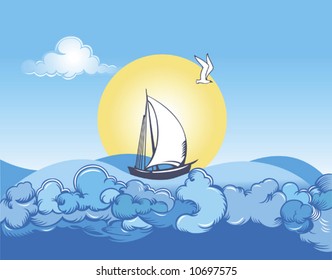 Sailing vessel in a sea wave on a background of the blue sky and sun