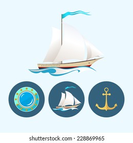 Sailing vessel. Set with 3 round colorful icons, sailboat in the waves with a flag, anchor , porthole,  vector illustration